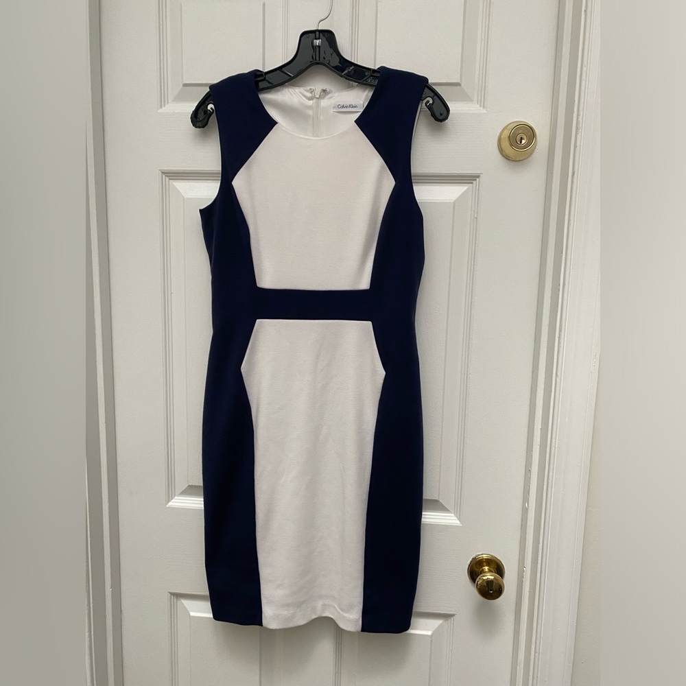 Calvin Klein Navy and White Dress - Size 6